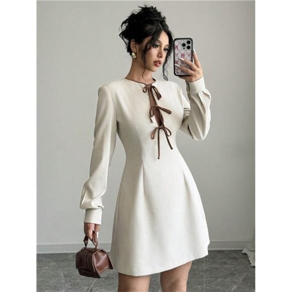 Women's Casual Color Block Drawstring Long Sleeve Dress, Spring/Fall - Picture 3 of 7